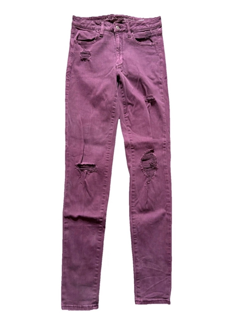 American Eagle Super Hi-Rise Jeggings Maroon Distressed Womens Size 6 X-Long